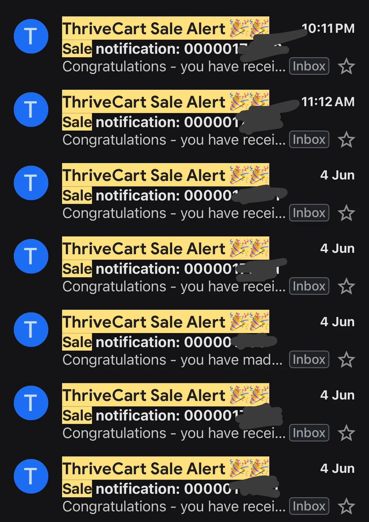 A stacked inbox of same-day sale alerts